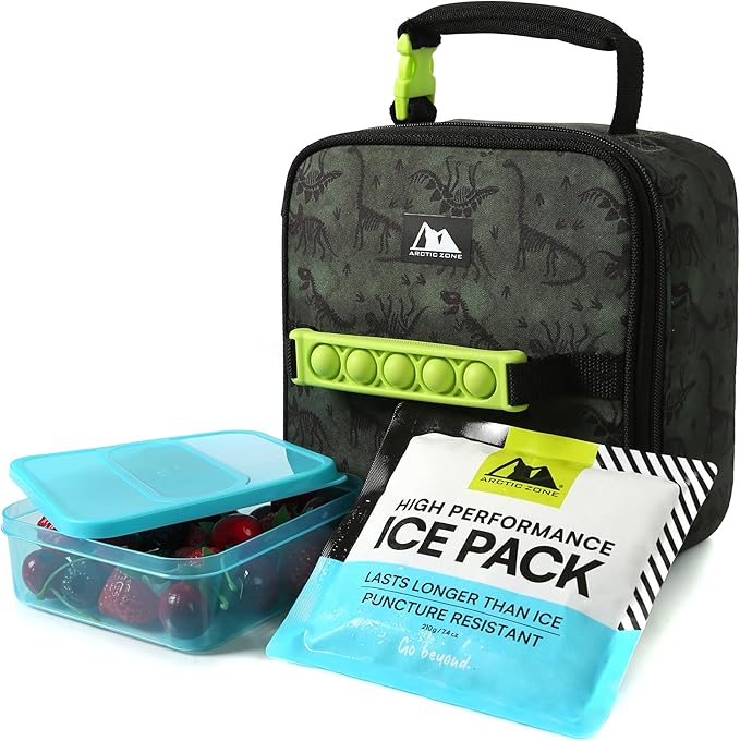 Arctic Zone Pop-it Kids Lunch Box Combo with Sensory Pop Handle, 210g Ice Pack, and Sandwich Container, Dino Skeleton Dye