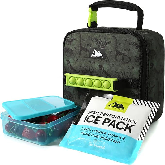 Arctic Zone Pop-it Kids Lunch Box Combo with Sensory Pop Handle, 210g Ice Pack, and Sandwich Container, Dino Skeleton Dye