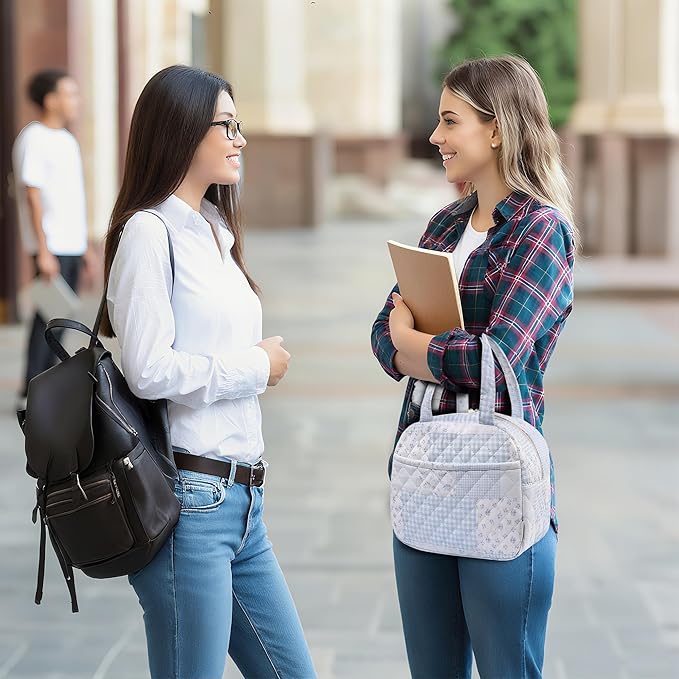 Quilted Lunch Box for Women,Insulated Cute Reusable Lunch Bag with Front Pocket,Pink Flower Stylish Lunch Tote Bag for Work, Office,Picnic, Travel,School (green blue pin)