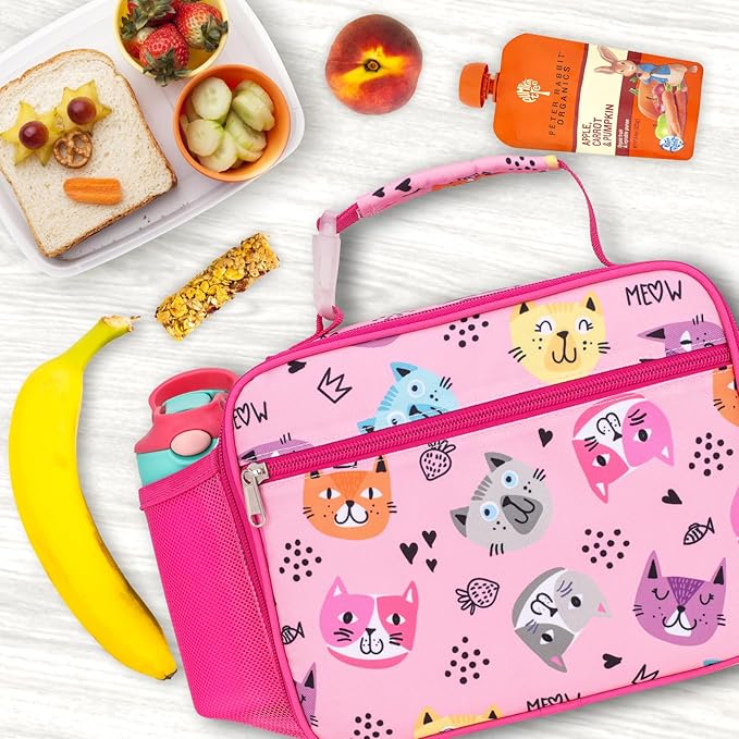 Bagseri Kids Lunch Bag Girls - Kids Lunch Box for Girls Reusable Leak-Proof Insulated Lunch Bag with Water Bottle Holder Toddler Lunch Box for Daycare and School, Cute Cat (Water Bottle Not Included)