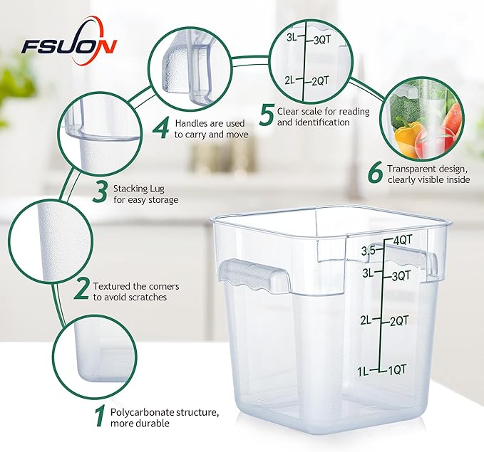 4 Pack Clear Food Storage Containers with Lids and Handles Polycarbonate Square Commercial Food Containers, NSF (4Qt)