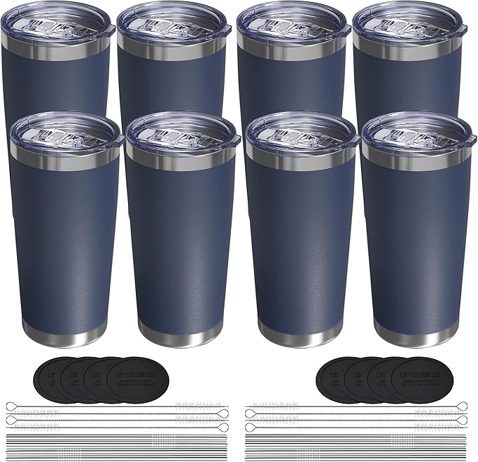 Travel Coffee Tumbler 20oz, 8 Pack Leakproof Travel Coffee Mug with Lid and Straw, Stainless Steel Double Wall Vacuum Insulated Tumbler for Hot/Iced Drinks (Textured Matte, Navy Blue)