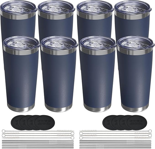 Travel Coffee Tumbler 20oz, 8 Pack Leakproof Travel Coffee Mug with Lid and Straw, Stainless Steel Double Wall Vacuum Insulated Tumbler for Hot/Iced Drinks (Textured Matte, Navy Blue)
