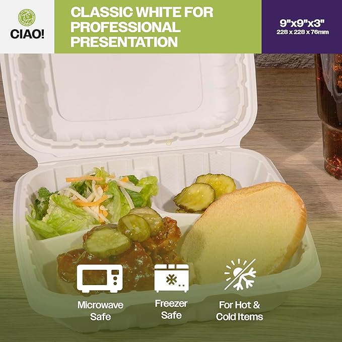 CIAO! 9"x9"x3" MFPP White Hinged Container With Lid 1 Compartment (Case of 150)