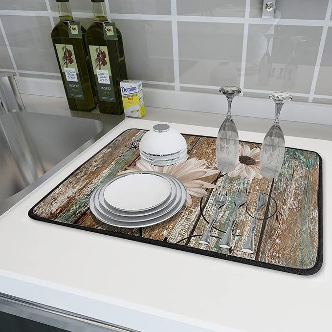 Rustic Daisy Board Dish Drying Mat for Kitchen Countertop 18x24 inch Fall Sunflower on Wooden Plank Dish Drainer Mats Fast Drying Country Shabby Chic Flower Dish Pad Vintage Kitchen Drying Decor Large