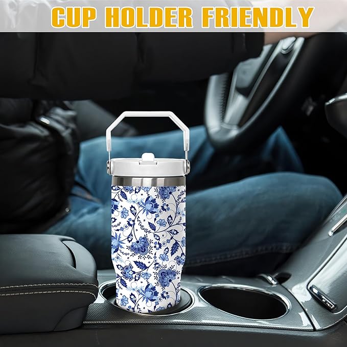 30oz Floral Tumbler – Blue and White Stainless Steel Insulated Travel Mug – Elegant Coffee Cup with Handle Lid – Gift for Women, Mom, Friends, Teachers