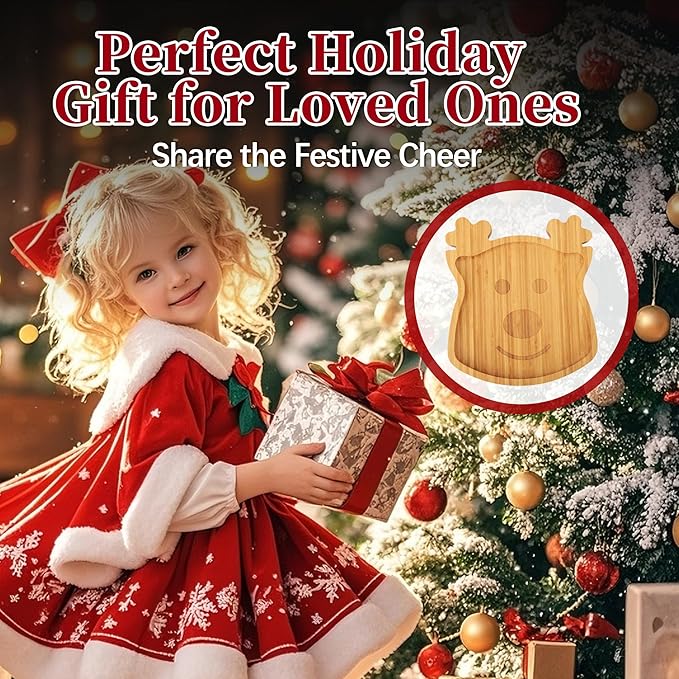 TJ POP Christmas Bamboo Serving Tray – Reindeer Shape – Wooden Holiday Platter for Snacks, Fruits & Candy – Christmas Farmhouse Table Decor