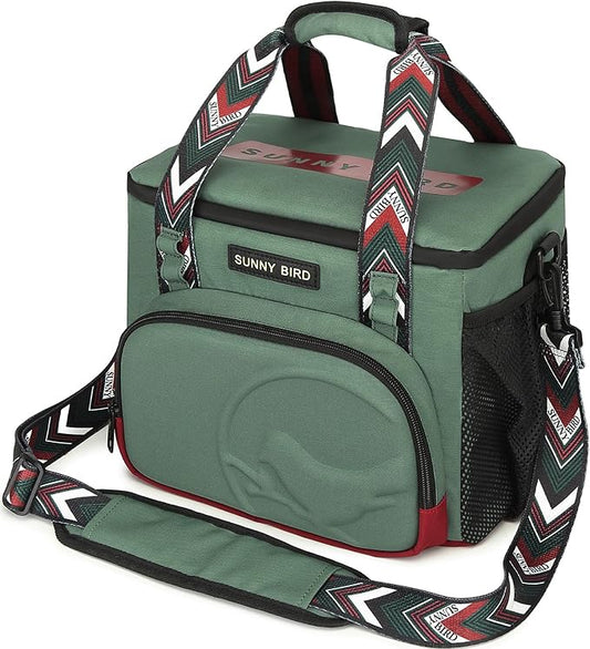 SUNNY BIRD 12L Large Insulated Lunch Bag, Foldable Lunch Cooler Box for Women Adult and Men, Fits 18 Cans (Green with Boho Strap)