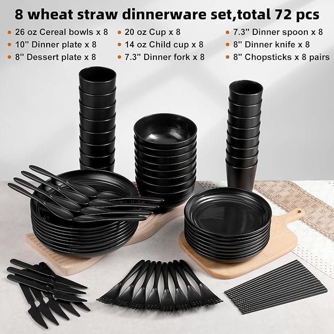 72 Pcs Plates and Bowls Sets, Unbreakable Wheat Straw Dinnerware Set Service for 8, Plastic Dish Set, Reusable Plates Bowls Cups for Kitchen, Camping, Outdoor, Dorm Microwave & Dishwasher Safe, Black