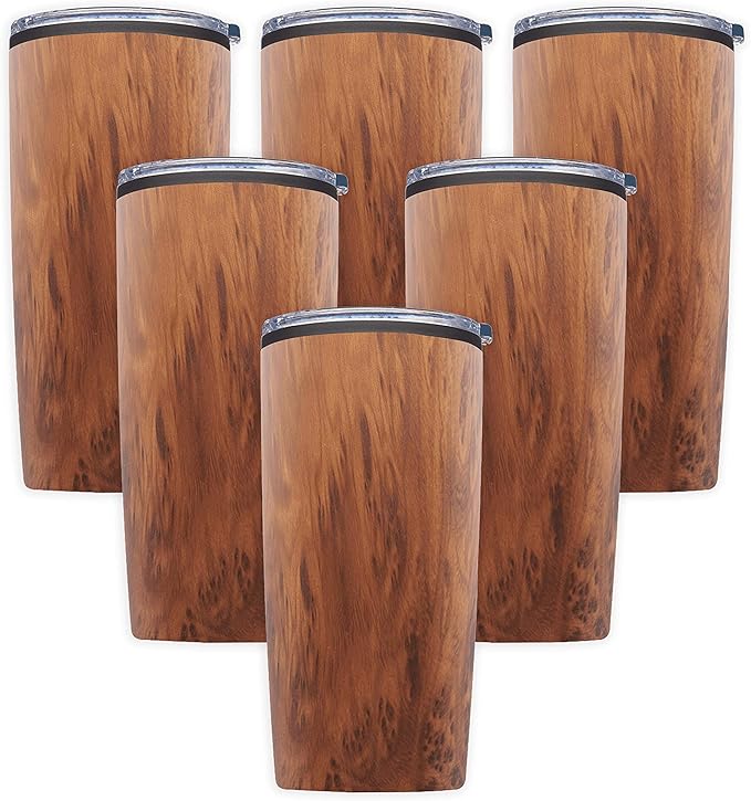 DISCOUNT PROMOS Plastic Tumblers 20 oz. Set of 6, Bulk Pack - With lids, Ice Coffee Tumbler, To Go Cup, Insulated - Wood