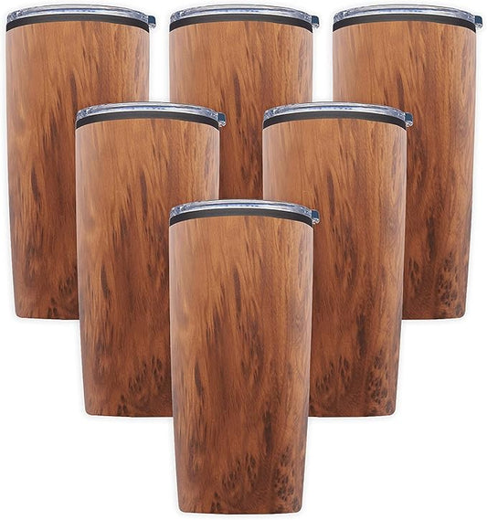 DISCOUNT PROMOS Plastic Tumblers 20 oz. Set of 6, Bulk Pack - With lids, Ice Coffee Tumbler, To Go Cup, Insulated - Wood