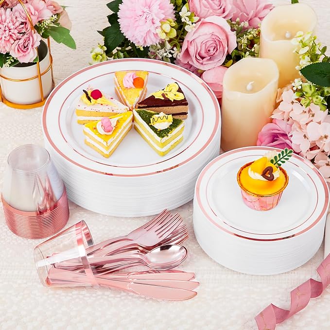 WELLIFE 300 PCS Rose Gold Dinnerware Set for 50 Guests, Valentine's Day Plate, 50 Dinner & Salad Plates,Cups, Forks Knives Spoons for Wedding Reception and Mothers Day Plates