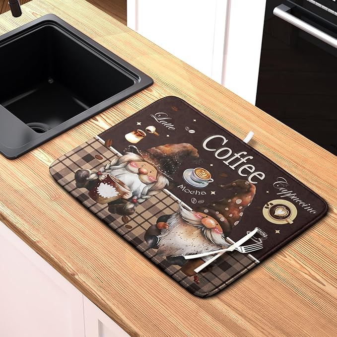 Chef Gnome Kitchen Dish Drying Mat for Kitchen Counter 18x24 Inch, Brown Buffalo Plaid Cooking Mocha Coffee Mat Reversible Microfiber Super Absorbent Quick Dry Rack Pad for Bar Sinks Home Decor