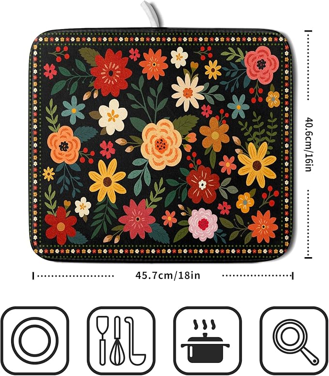 Boho Floral Dish Drying Mat 16x18 Inch Colorful Flower Dishes Dry Mats Absorbent Washable Drainer Rack Pad Protective Kitchen Counter Decor