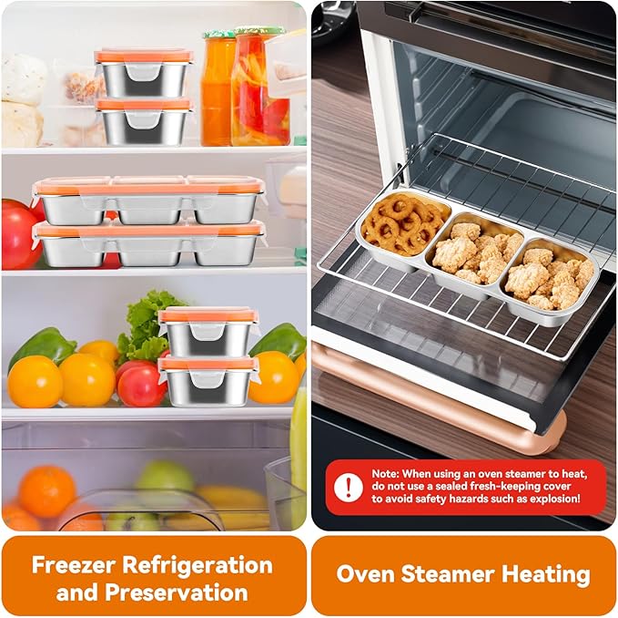 Stainless Steel Snack Containers with Lids & Spork, Reusable 3 Compartment Condiment Boxes, Divided Grab Food Storage Containers, Sauce Cups for Home, Travel (3 Compartment)