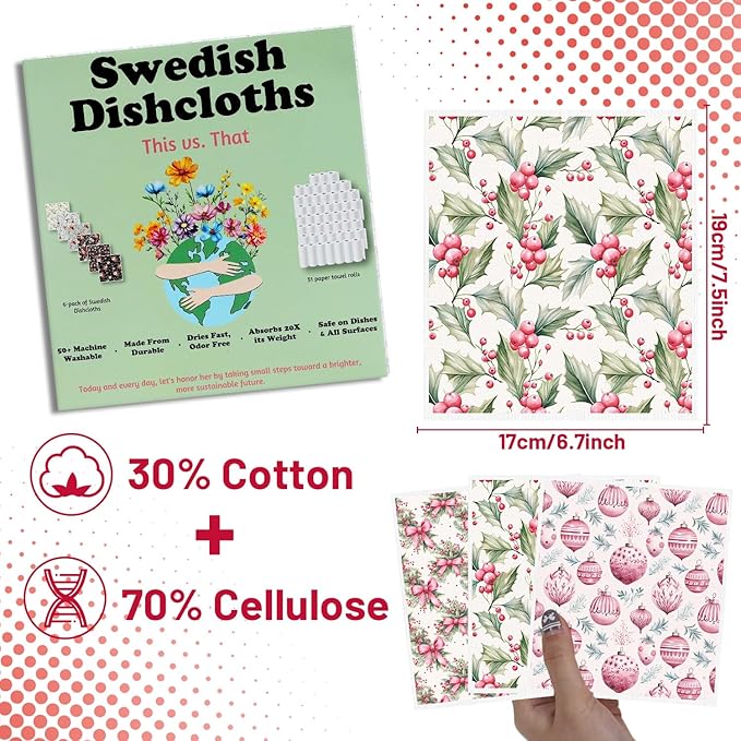 Christmas Swedish Dishcloths for Kitchen - 6PCS Pink Christmas Swedish Cloths for Washing Dishes, Cute Santa Reusable Dish Towels, Washable Cleaning Sponge Gifts for Home Holiday Fast Drying