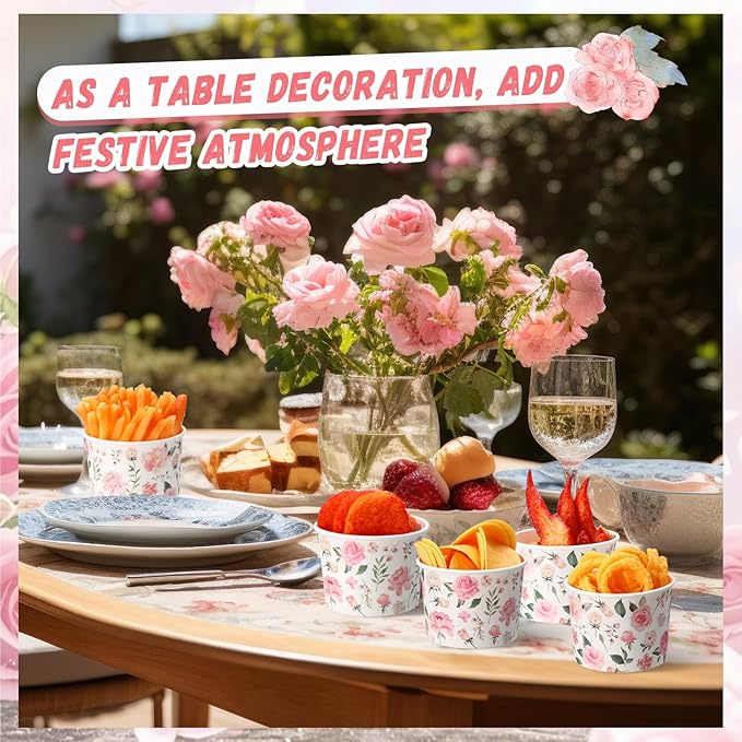 50 Pack Pink Floral Treat Snack Cups Floral Paper Ice Cream Cups 9 oz Rose Flower Disposable Dessert Bowls Paper Soup Bowls for Hot or Cold Food Wedding Baby Shower Birthday Party Supplies