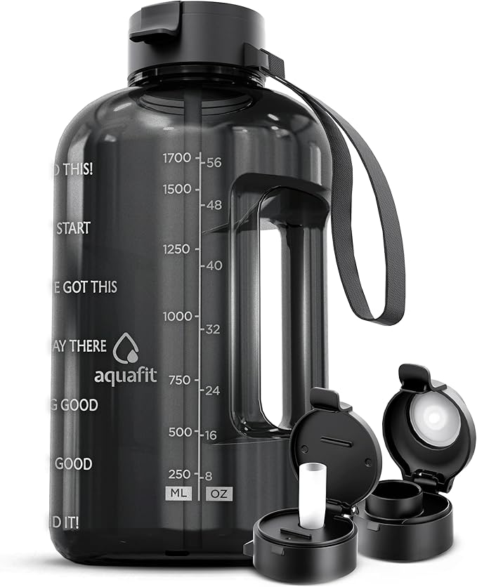 AQUAFIT Half Gallon Water Bottle with Time Marker - Straw & Chug Lid - BPA Free Gym Water Bottle with Straw - Big Gallon Jug (Gray, 64 oz - 2 Lids)