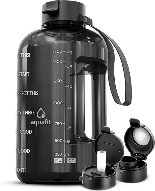 AQUAFIT Half Gallon Water Bottle with Time Marker - Straw & Chug Lid - BPA Free Gym Water Bottle with Straw - Big Gallon Jug (Gray, 64 oz - 2 Lids)