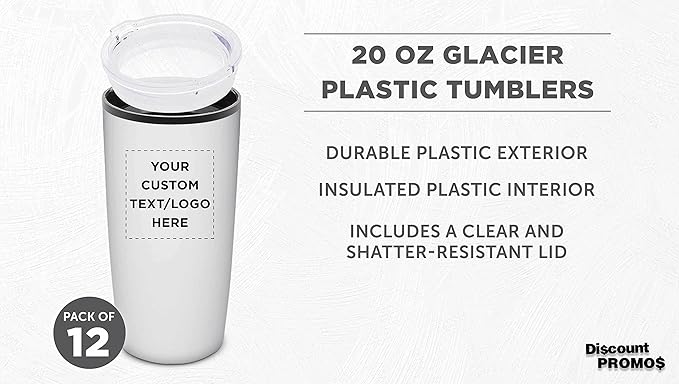 Custom Plastic Tumblers 20 oz. Set of 12, Personalized Bulk Pack - With lids, Ice Coffee Tumbler, To Go Cup, Insulated - White