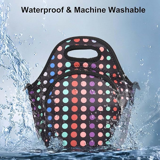 CILLA Neoprene Lunch Bag for Women Insulated Lunch Tote Bags Washable Lunch Container Box Picnic Lightweight Meal Prep Bags(Small Colored Dots+)
