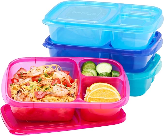 Bentgo Easyboxes - Original Stackable Lunch Boxes - Reusable 3-Compartment Food Containers for Kids and Adults - Bento Lunch Box for Meal Prep, School, & Work - BPA Free, Set of 4 (Jewel Brights)
