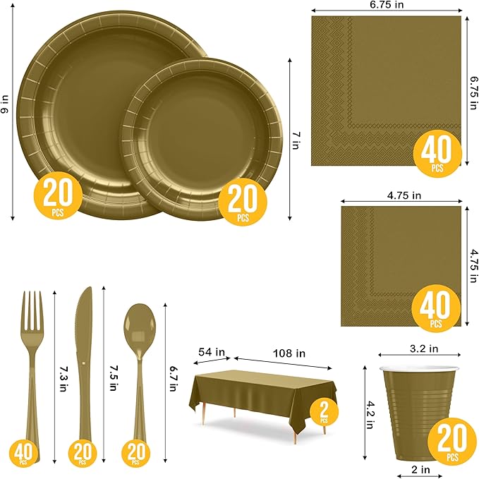 222 Pcs Gold Paper Plates and Napkins Sets, Disposable Plates For Party, Lunch & Cocktail Napkins Paper, 18oz Plastic Cups, Cutlery and Gold Table cloth Plastic Dinnerware Set