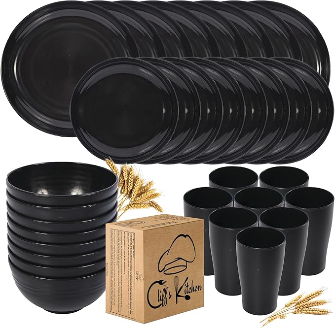 32 Pcs Wheat Straw Dinnerware Sets-Black Dinnerware Sets For 8- Unbreakable Outdoor Camping Dishes With Large Plates, Bowl And Cup Set-BPA Free,Lightweight,Microwave Safe Wheat Straw Plates And Bowls