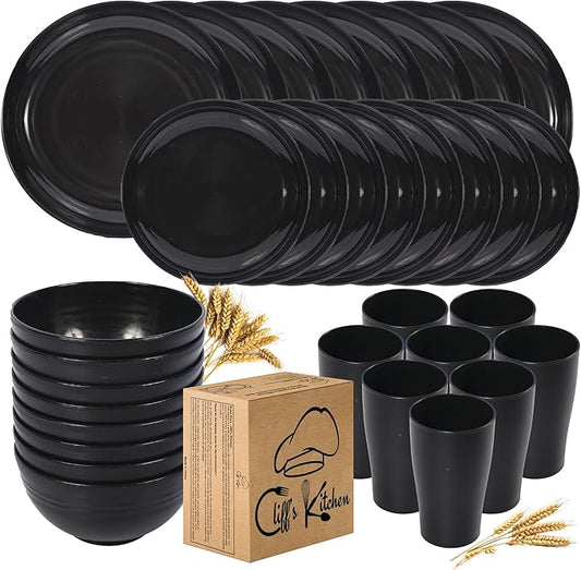 32 Pcs Wheat Straw Dinnerware Sets-Black Dinnerware Sets For 8- Unbreakable Outdoor Camping Dishes With Large Plates, Bowl And Cup Set-BPA Free,Lightweight,Microwave Safe Wheat Straw Plates And Bowls