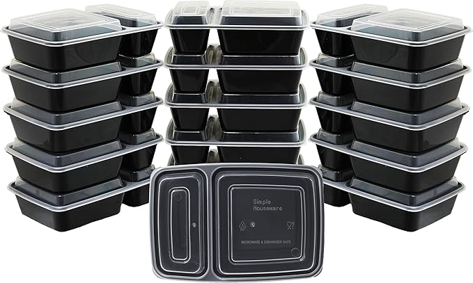 16 Pack - SimpleHouseware 2 Compartment Food Grade Meal Prep Storage Container Boxes (28 ounces)