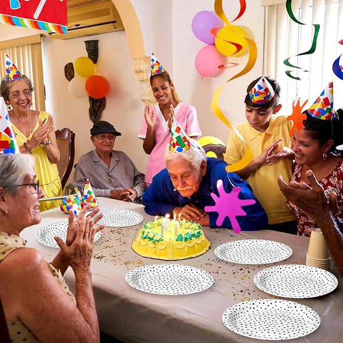 Zhehao 50 Pcs Black Painted Dots Paper Plates 9 Inch Disposable Summer Plates Party Decoration for Birthday Picnic Spring Wedding Baby Shower