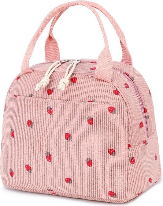 Bluboon Lunch Bag for Women Men Cute Corduroy Lunch Tote Bags Reusable Insulated Lunch Box Large Capacity Reusable Insulated Cooler for Work Picnic or Travel (Corduroy strawberry pink)