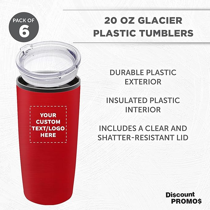 Custom Plastic Tumblers 20 oz. Set of 6, Personalized Bulk Pack - With lids, Ice Coffee Tumbler, To Go Cup, Insulated - Red
