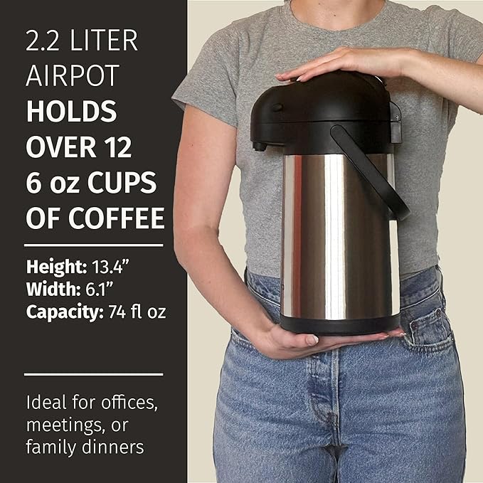 Thermal Coffee Carafe 74Oz, Keeps Drinks Hot for 12Hrs & Cold for 36Hrs, Insulated Stainless Steel Coffee Carafe for Hot Drinks, Easy One-Handed Dispensing for Office, Home, Party, Durable Tea Flask