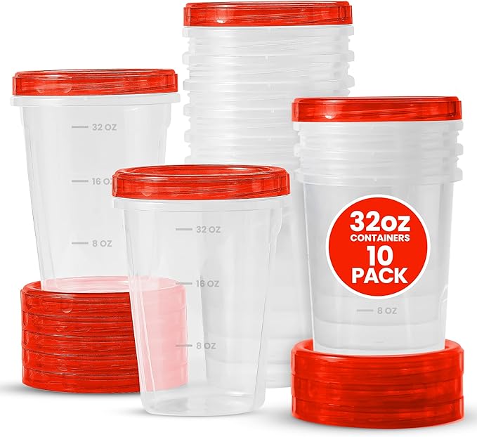 RFAQK 10 PCS Freezer Storage Containers-[10*32 OZ] Plastic Food Storage Containers with Twist Top Lids-BPA Free Leakproof Jars-Deli Container Stackable Meal Prep Reusable Box for Lunch,Soup,Oats,Gym
