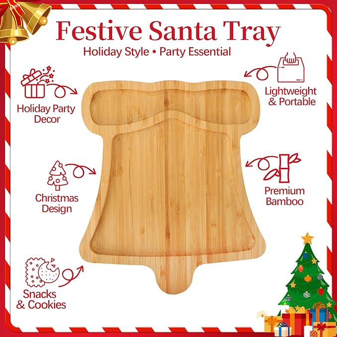 TJ POP Christmas Bamboo Serving Tray – Bell Shape – Holiday Wooden Snack Dish for Candy, Cookies, Nuts – Rustic Christmas Party Table Decoration