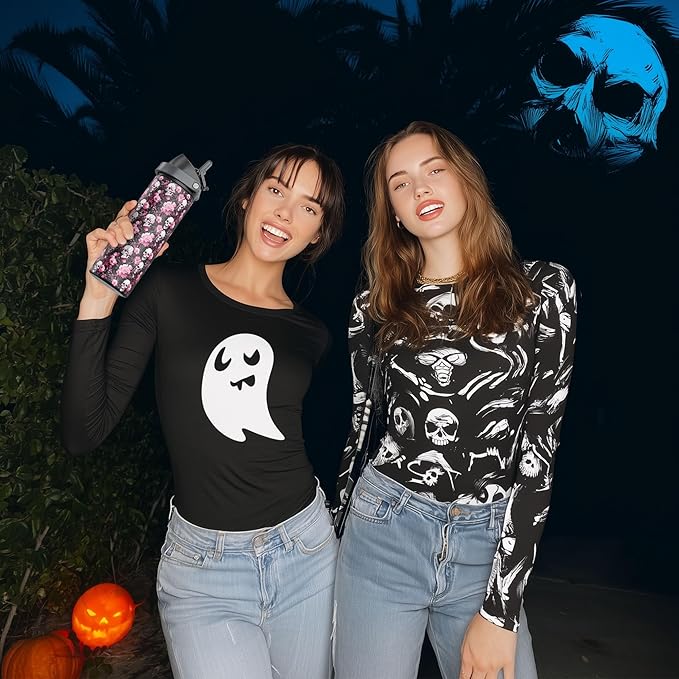 24 oz Halloween Insulated Water Bottle: Meoky Stainless Steel Water Bottle with 2-in-1 Straw and Spout Lid - Leak Proof, Fits in Car Cup Holder, Halloween Gifts for Women Men, Ghost Bloom