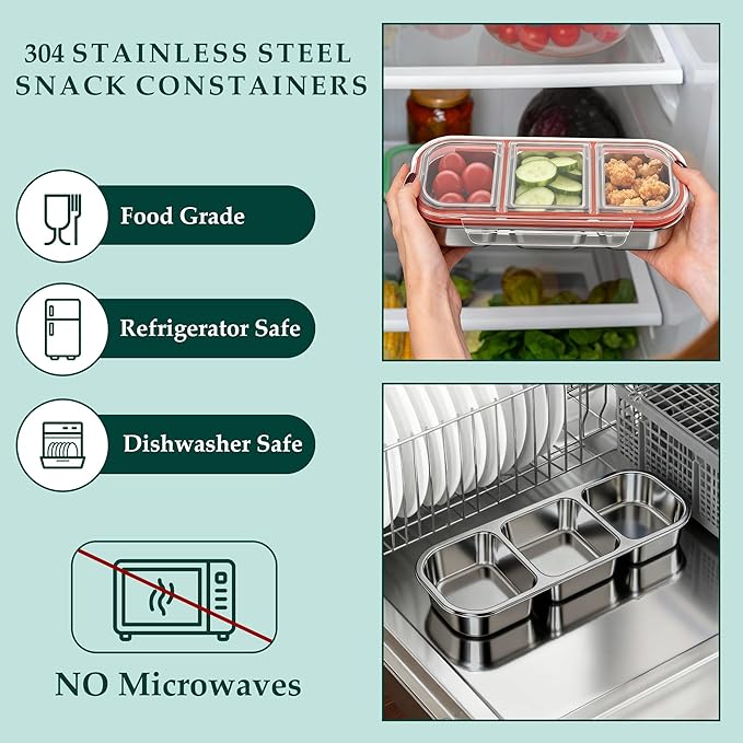 QCQHDU Snack Containers, Reusable Stainless Steel 3 Compartment Condiment Metal Bento Lunch Box with Lids, Divided Snack Food Storage Lunchable Containers for Home, Work, Travel, Camping, 1 Pack