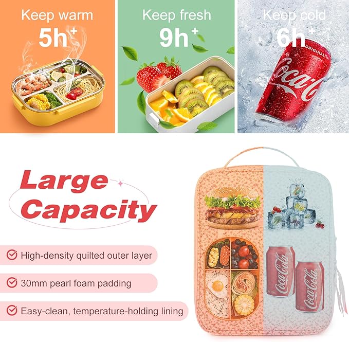 Aileam Lunch Box for Women Cute Lunch Bag Quilted Reusable Insulated Lunch Box Aesthetic Lunch Tote Bags Floral Cotton Lunch Case for Travel Work Picnic (PINK DITSY)