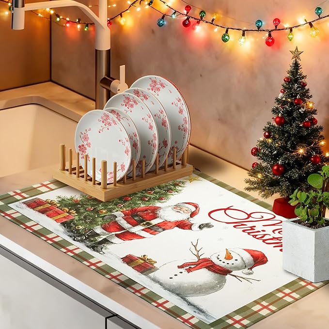 Red and Green Plaid Christmas Dish Drying Mat, Christmas Tree Santa Snowman Coffee Bar Mat for Countertops, Retro Xmas Absorbent Dish Drying Mats for Kitchen Counter Coffee Maker, 16x24 Inch