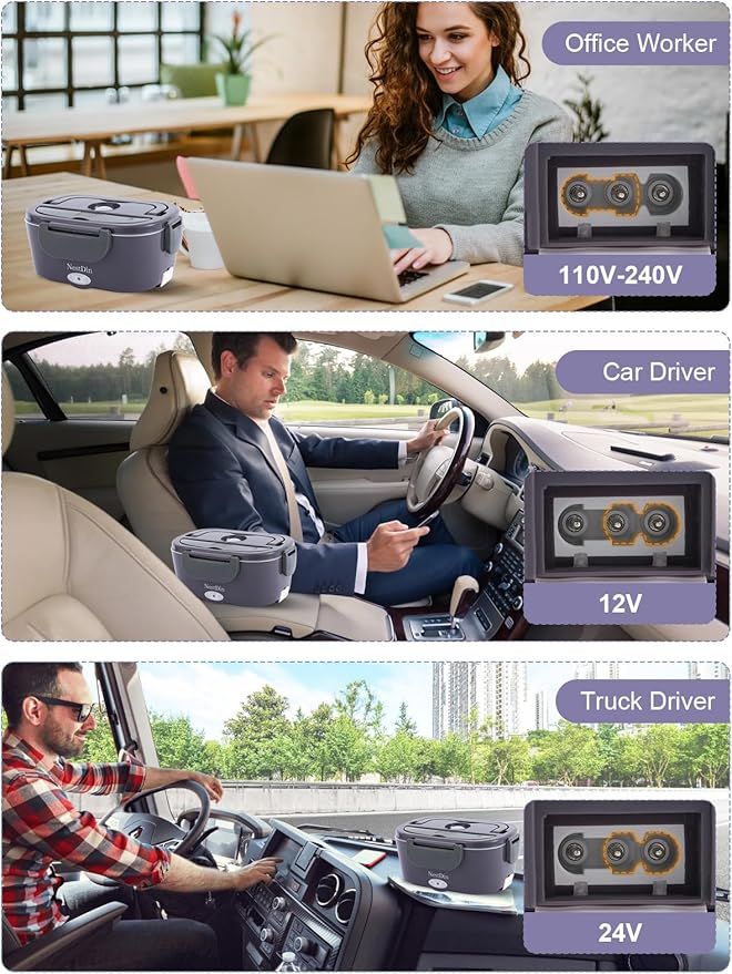 80W Electric Lunch Box for Adults, Portable Heated Lunch Box for Men, 1.5L Food Warmer Lunchbox for Car/Truck/Office, 12V/24V/110V Leak-Proof, Dishwasher-Safe with Insulated Bag(Purple Grey)