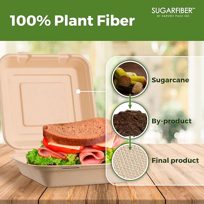 [200 COUNT]Sugarfiber by Harvest Pack PFAS FREE 9 X 9" Compostable Clamshell Food Containers, Heavy-Duty Hinged Container, Disposable Bagasse Eco-Friendly Natural Sugarcane Takeout to go Box