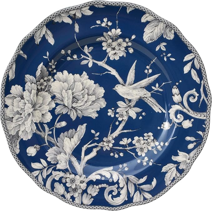 222 Fifth Adelaide 16-Piece Dark Blue Porcelain Dinnerware Set – Service for 4, Plate, Bowl & Mug Set, Bird & Floral Design, for Everyday Dining & Entertainment, Microwave & Dishwasher Safe