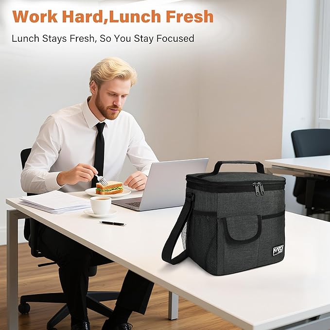 Tirrinia Insulated Large Lunch Bag for Women Men, Leakproof Lunch Box Containers for Adults, Work, School, Soft Lunchbox for Kids, Boys, Adult Cooler Bag for Picnic, Hiking,Beach, Black