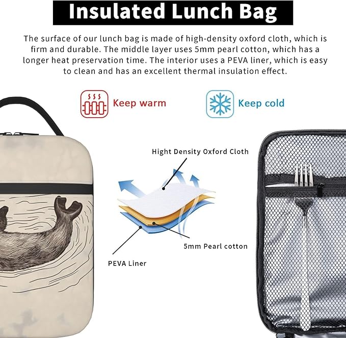 Cheerful Otter Lunch Box for Women Men, Insulated Lunch Box, Reusable Lunch Bag for Office, Work, Picnic, Travel