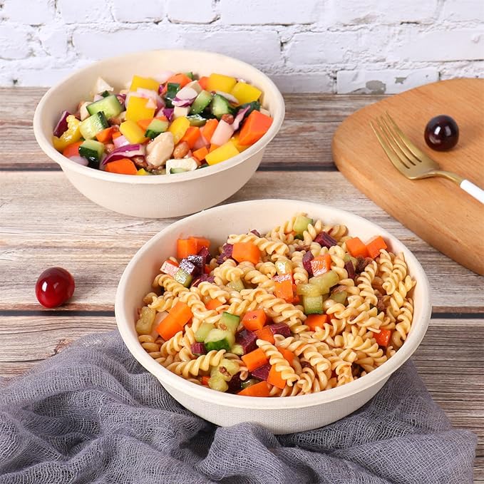 28 oz Disposable salad bowls with lids, Sugarcane Fiber Paper Bowls Deli Container 50 Pack