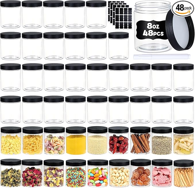 48 PCS 8 OZ Plastic Jars with Screw On Lids,Labels Refillable Empty Round Slime Containers for Storing Dry Food, Honey Jam, Cream, Butter, Lotion, black