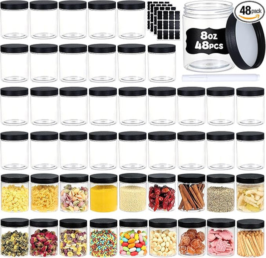 48 PCS 8 OZ Plastic Jars with Screw On Lids,Labels Refillable Empty Round Slime Containers for Storing Dry Food, Honey Jam, Cream, Butter, Lotion, black