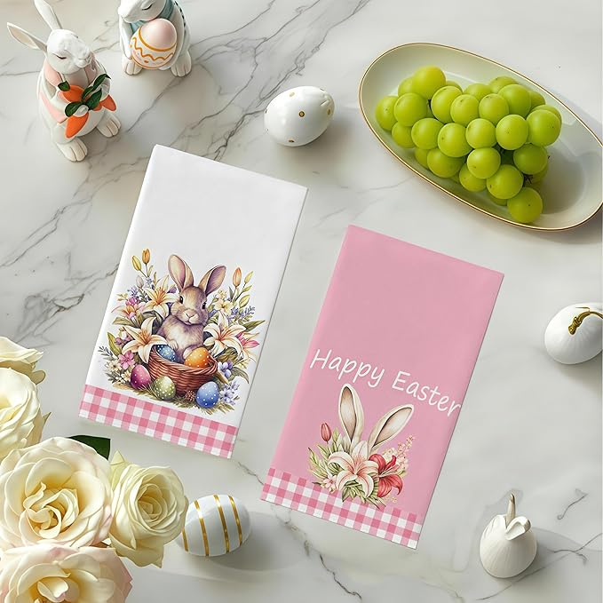 2-Pack Easter Dish Towels - Bunny & Egg Printed Kitchen Towels Set (17.7"x27.5"), Reusable Holiday Decorations & Spring Gift Accessories