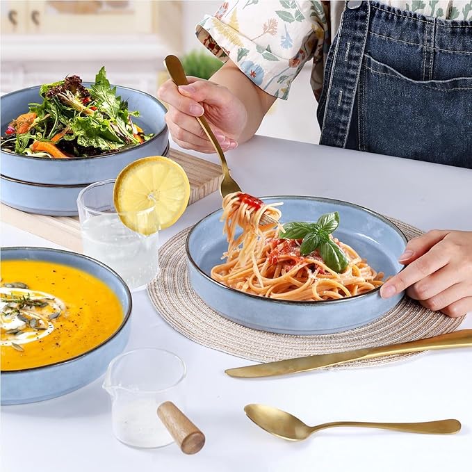 LIANYU 16 Piece Dinnerware Dish Sets with Salad Blows, Plates and Bowls Dinner Set for 4, Stoneware Dish Tableware for Dessert Salad Pasta, Microwave & Dishwasher Safe, Serenity Blue